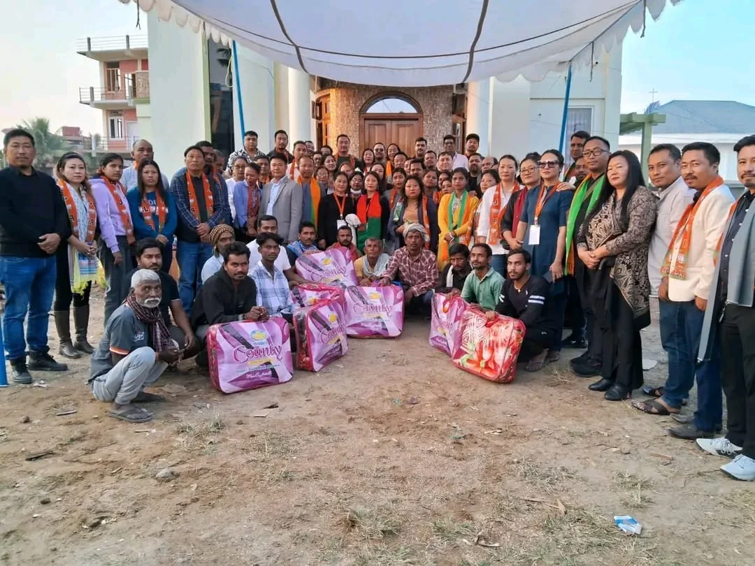 Community members gathered for a distribution of basic supplies